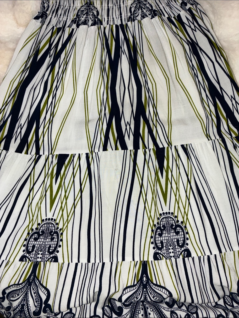 JULIA S Sleeveless Tiered Maxi Dress in Black &White patterned w subtle green - Picture 12 of 16